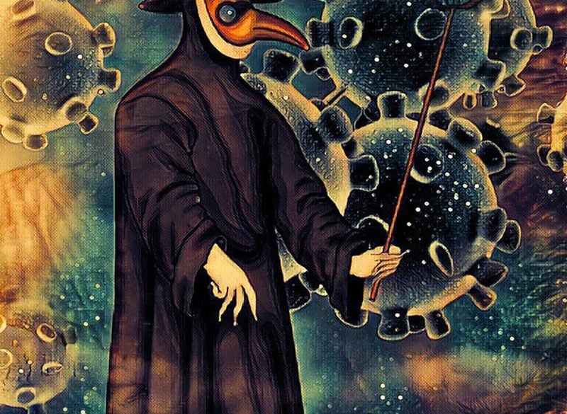 This shows a man in a plague mask and covid19