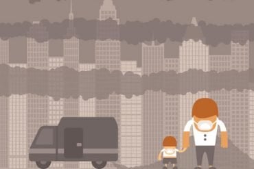 This shows a cartoon of a man and child in pollution