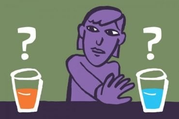 This cartoon shows a woman decising between two glasses of juice
