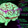 This shows a brain wearing glasses and computer code