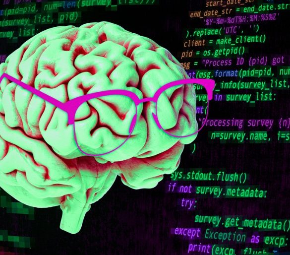 This shows a brain wearing glasses and computer code