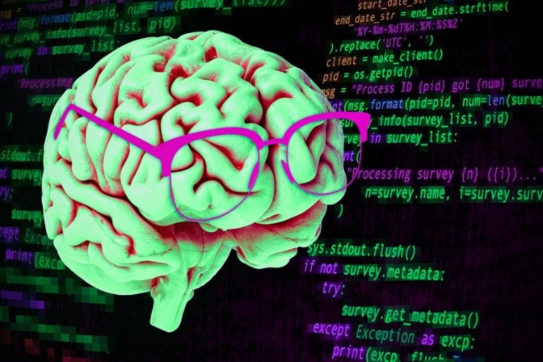 This shows a brain wearing glasses and computer code