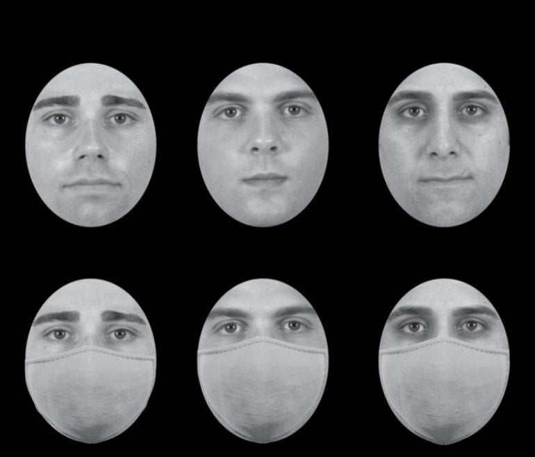 This shows normal faces and the same faces in surgical masks