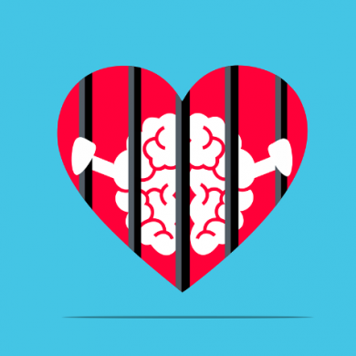 This shows a heart with prison bars and a brain behind it
