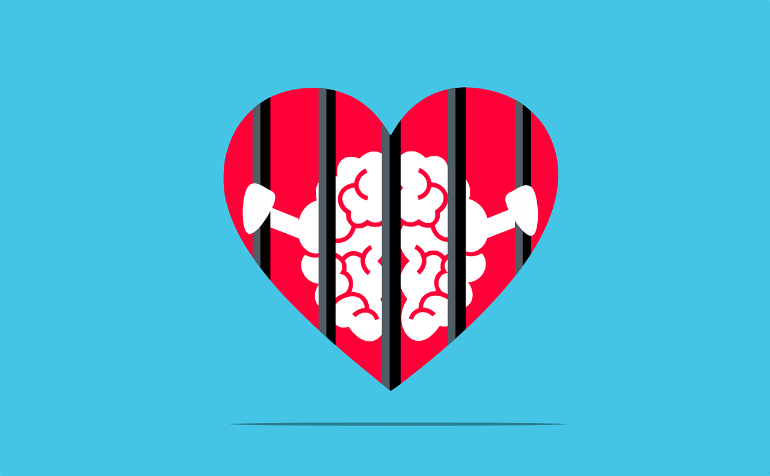 This shows a heart with prison bars and a brain behind it