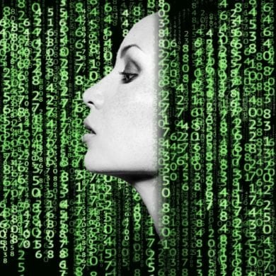 This shows a woman's face surrounded by computer code