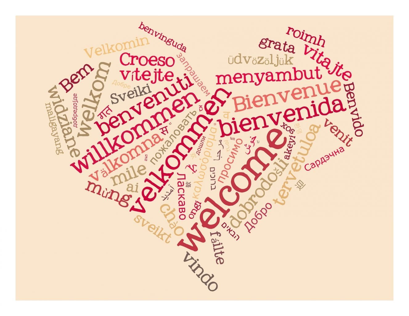 This shows the word &quot;welcome&quot; written in different languages in the shape of a heart