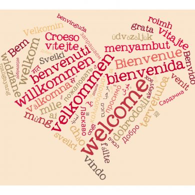 This shows the word "welcome" written in different languages in the shape of a heart