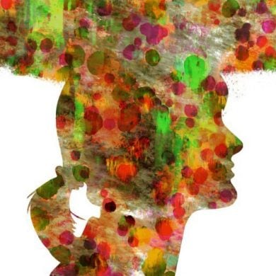 This shows the colorful outline of a woman's head with a colorful cloud-like thought bubble above it