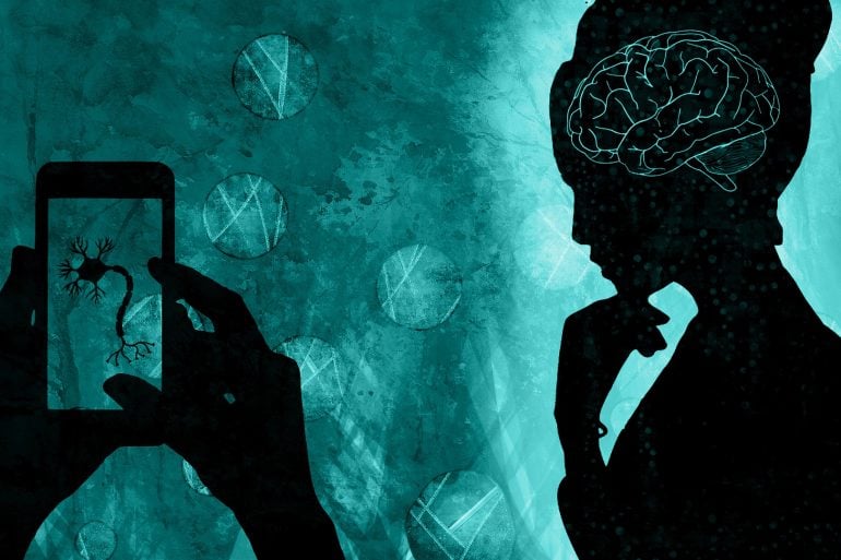 This shows the outline of a woman and a brain