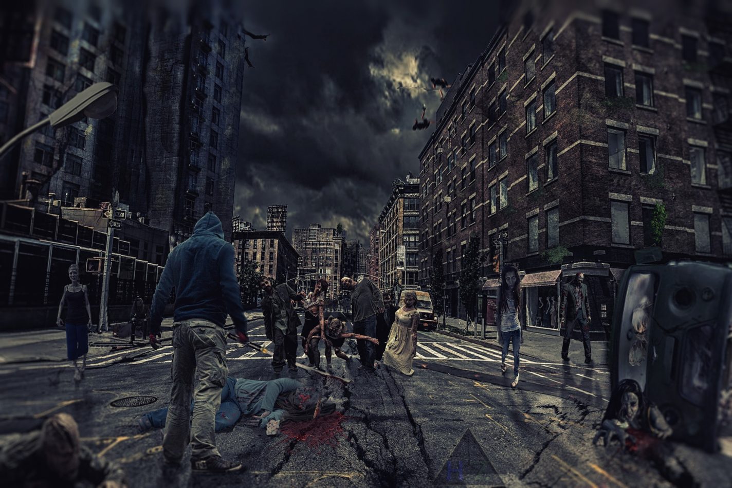 This shows zombies from a movie wandering the streets of a dark city