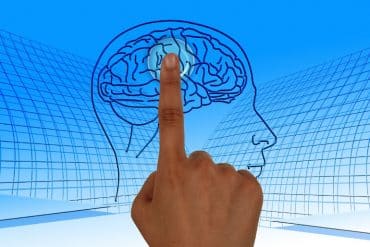 This shows a finger touching a picture of a brain