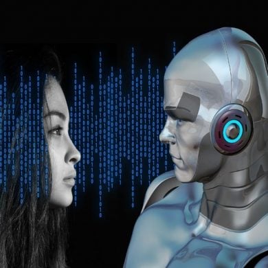 This shows a woman and a robot looking at eachother