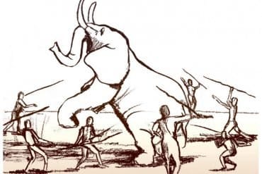 This is a drawing of people hunting an elephant