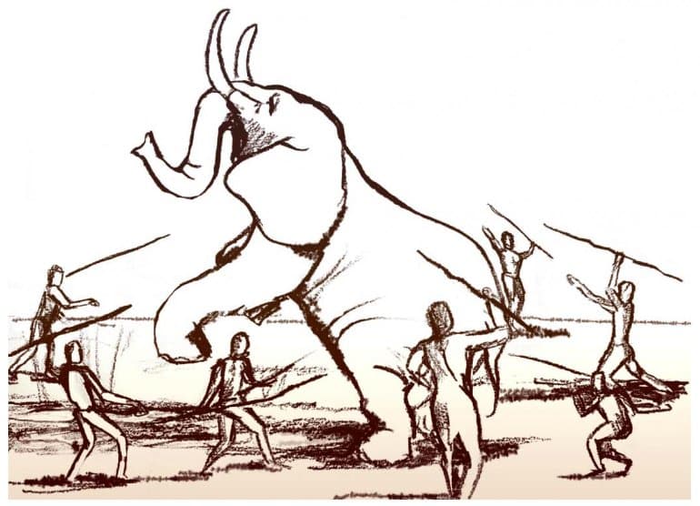 This is a drawing of people hunting an elephant