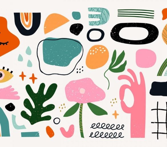 This shows drawing of different objects, such as hands, rainbows, squiggles, ane leaves in hues of green, black, orange and pink