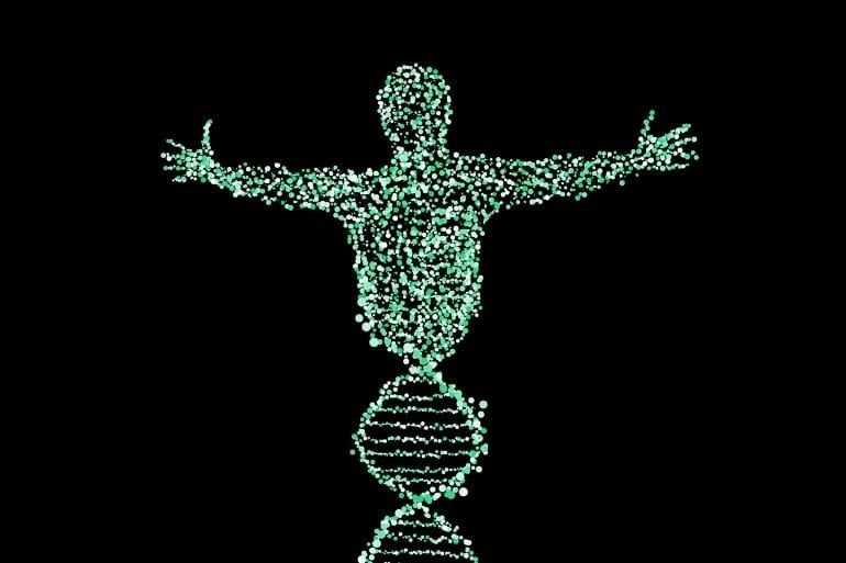 This shows a drawing of a body made up of dna double helixes