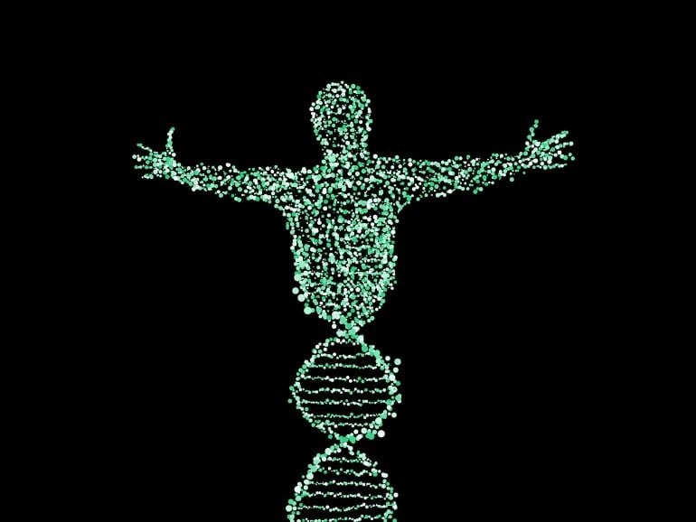 This shows a drawing of a body made up of dna double helixes