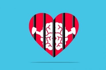This is a cartoon of a brain behind bars in a heart-shaped jail cell