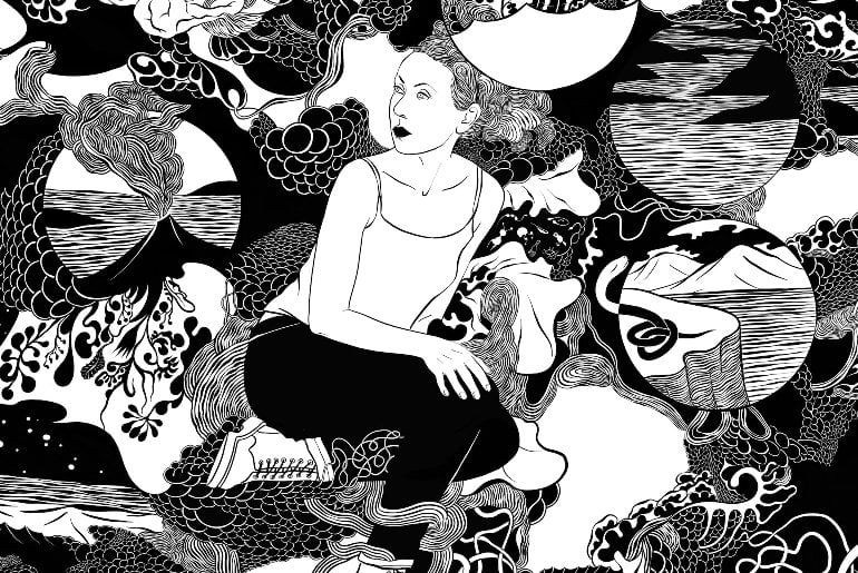 This is a drawing of a woman surrounded by random objects