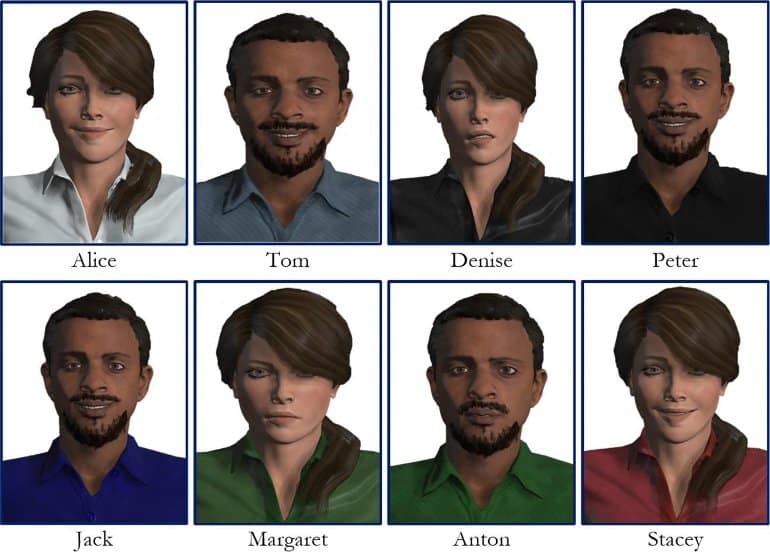 This shows 8 different virtual men and women