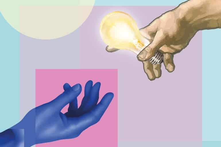 This shows a human hand handing over a lightbulb to a blue hand