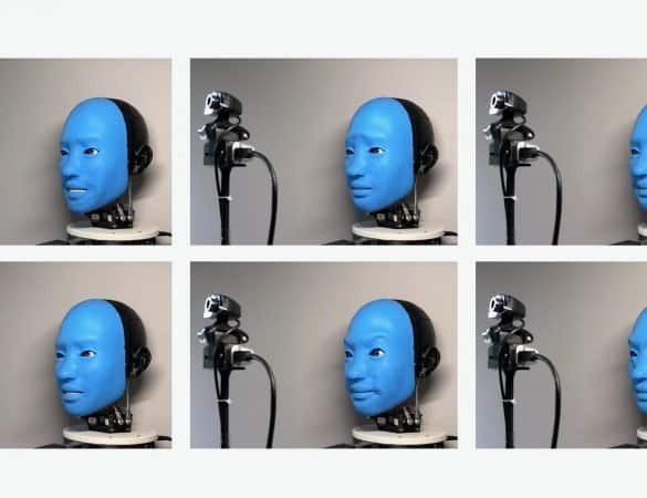 This shows a blue faced robot giving different expressions from happy to mad