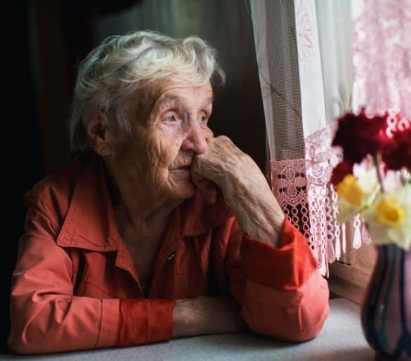 This shows an older lady sitting at a window
