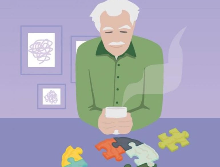 This is a cartoon of an older man looking at a brain jigsaw
