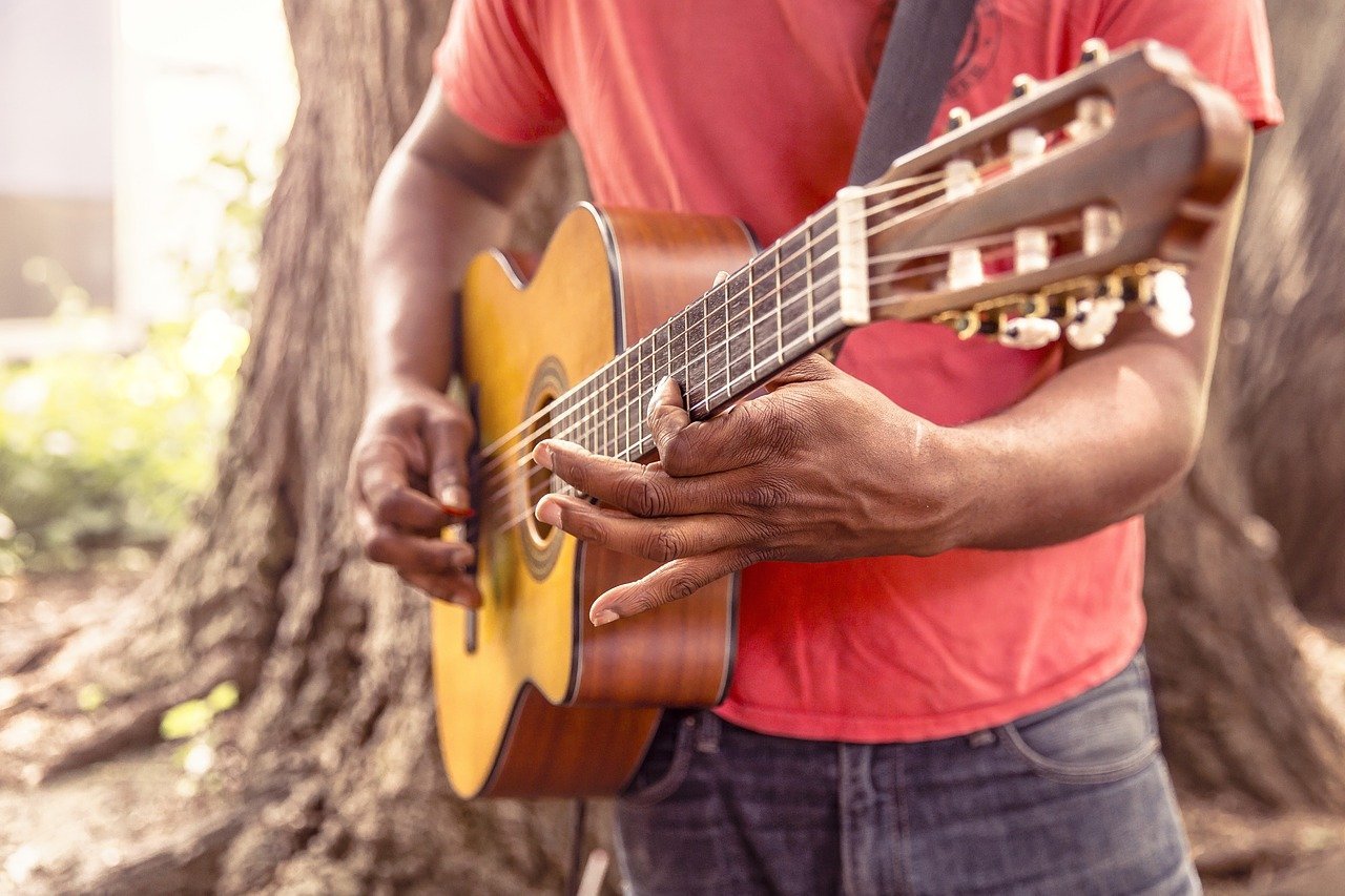 This shows a man playing a guitar