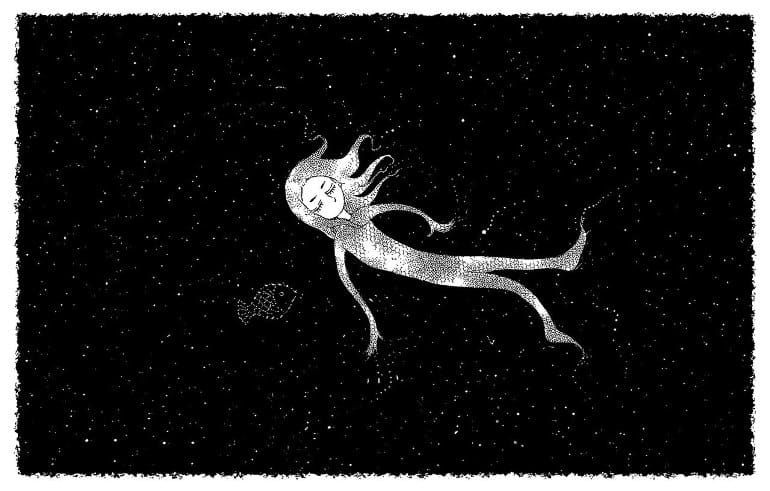 This is a cartoon of a sleeping woman floating in space