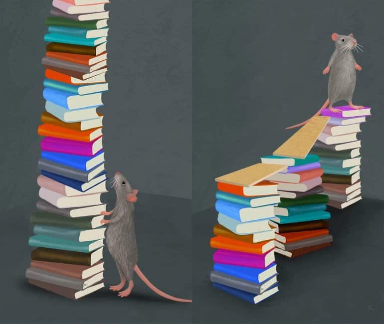 This is a cartoon of a mouse on a stack of books