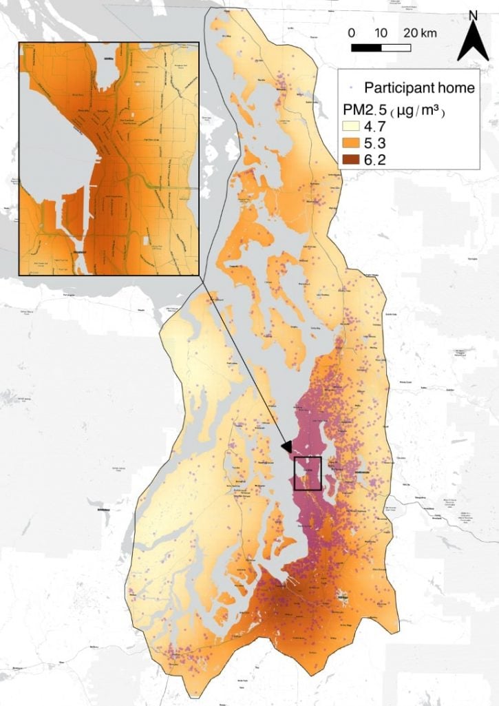 This map shows where high fine particulate pollution is in Puget Sound