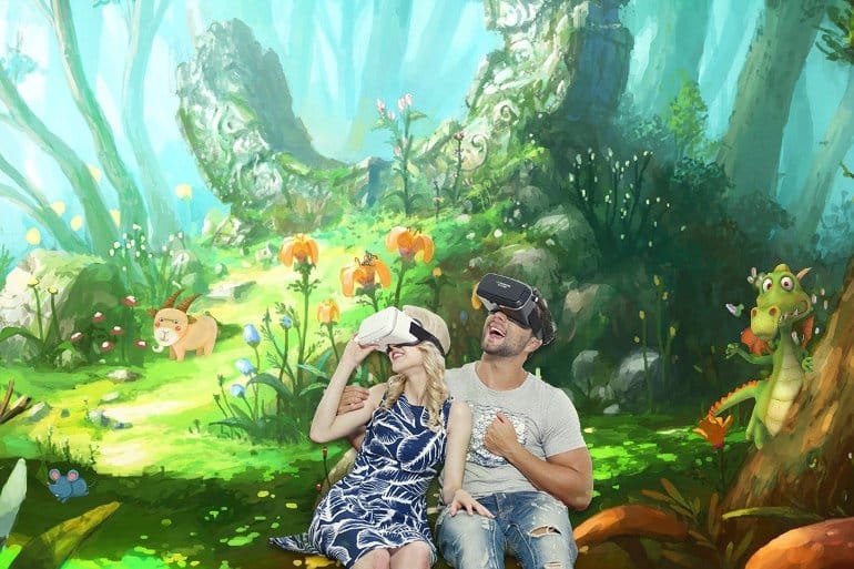 This shows a child and her dad in a VR reality with VR glasses on