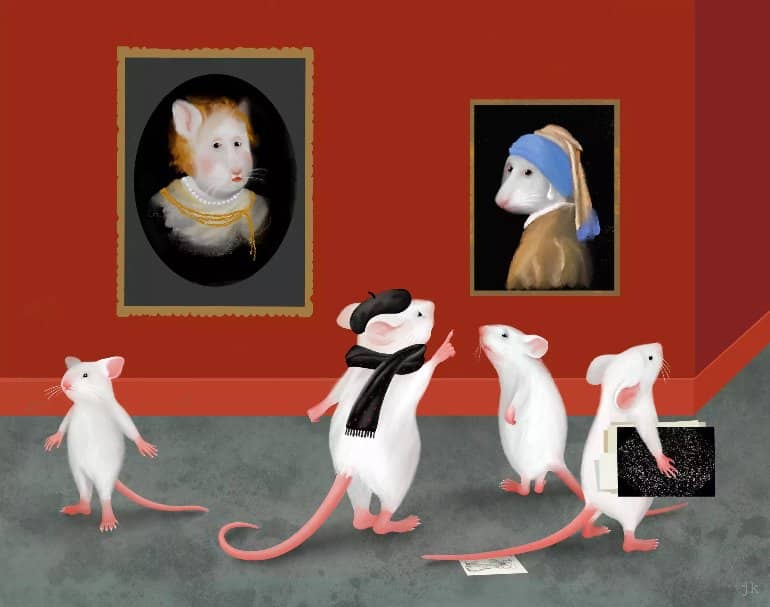 This shows a cartoon of mice at an art gallery