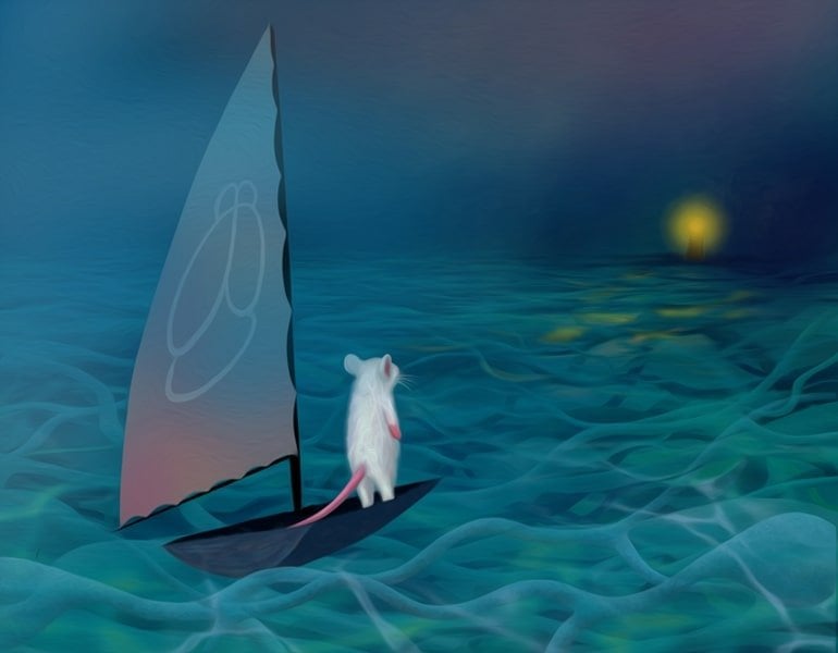 This is a drawing of a mouse on a sail boat