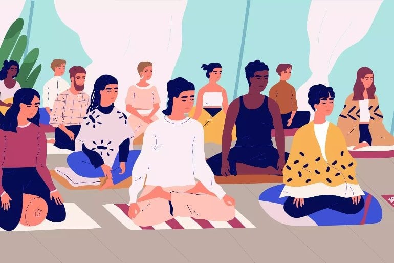 This is a cartoon of people meditating