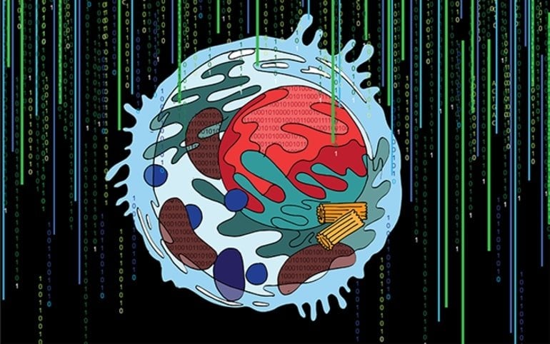 This shows a drawing of a cell surrounded by binary code