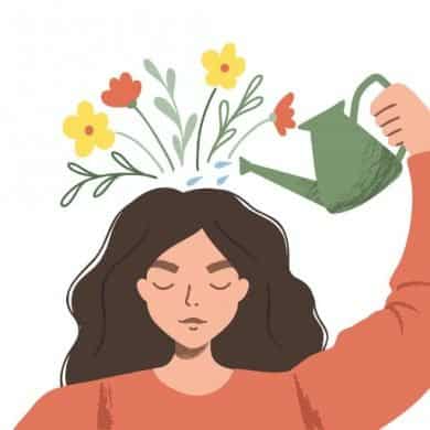 This is a cartoon of a woman watering flowers that are growing from her head