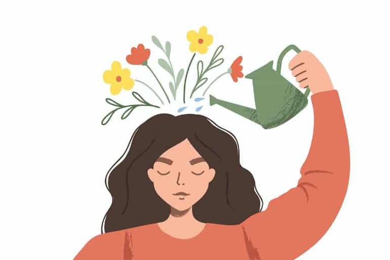 This is a cartoon of a woman watering flowers that are growing from her head