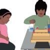 Ceci est un dessin animé d'une fille regardant une autre fille jouant avec des blocs