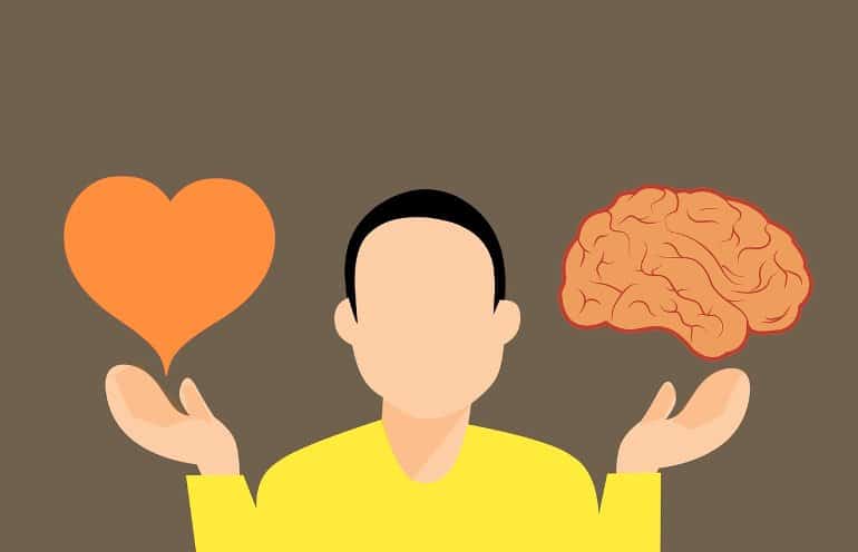 This is a cartoon of a man with a heart and brain above his hands