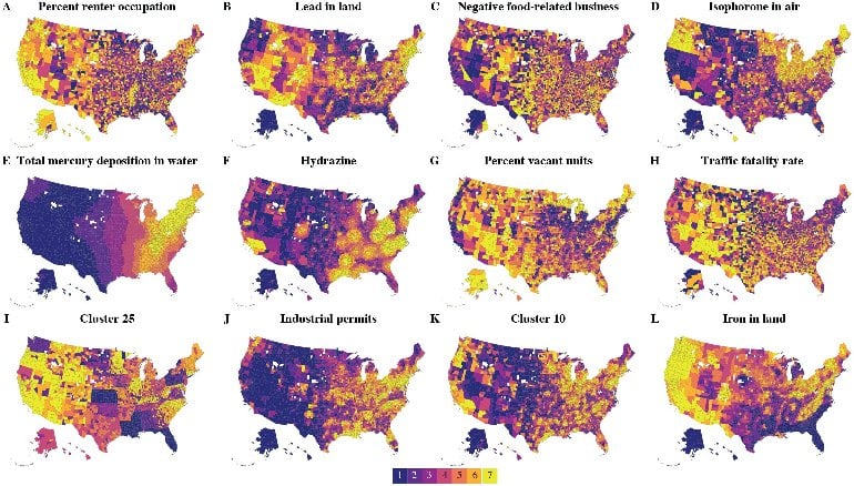 These maps shows the different levels of different forms of pollution across the USA