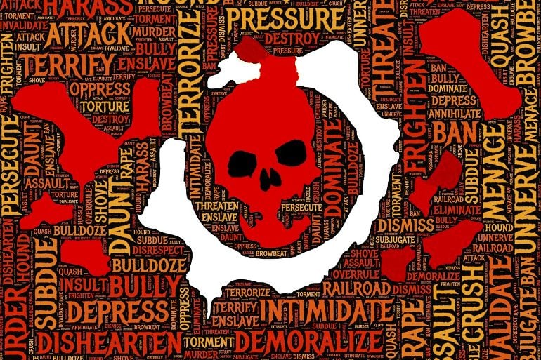 This shows a red skull surrounded by words associated with revenge