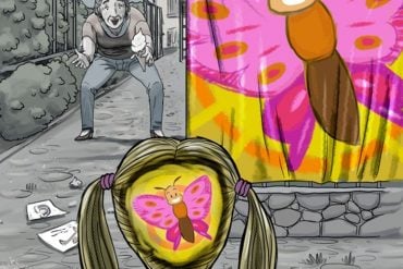 This is a cartoon of a child looking at a butterfly. Her father is calling her over in the background, but her brain is full with the image of the butterfly