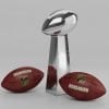 This shows two footballs and the super bowl trophy