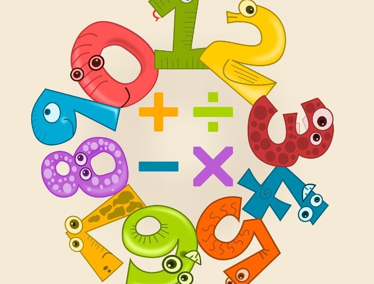 This shows a child's math chart with numbers made up like cute creatures and math symbols