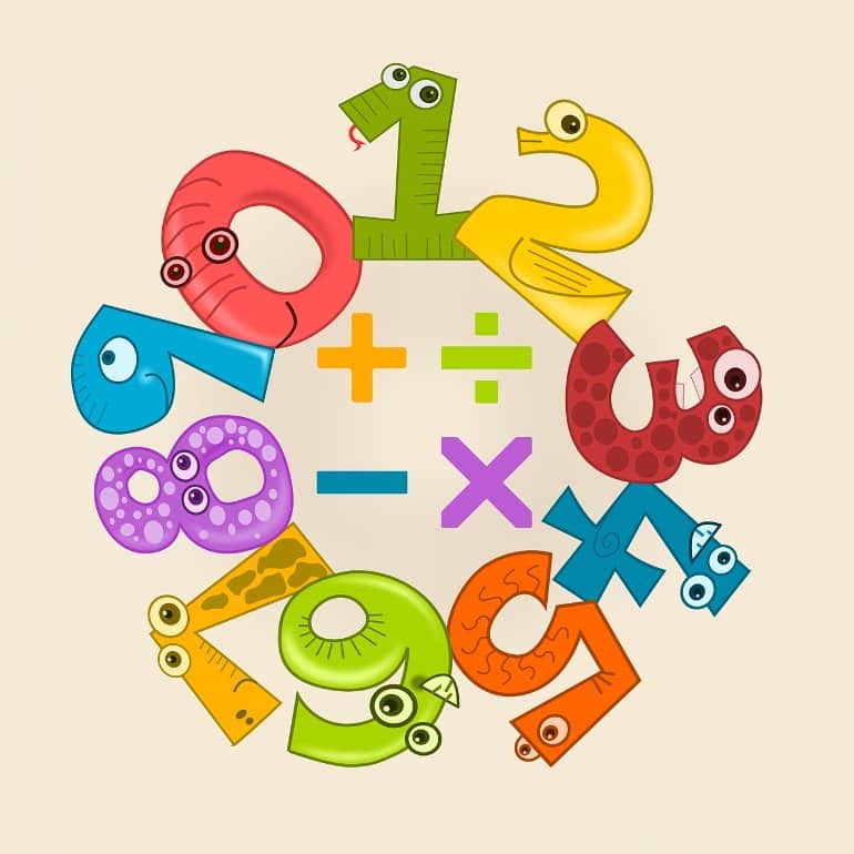 This shows a child's math chart with numbers made up like cute creatures and math symbols