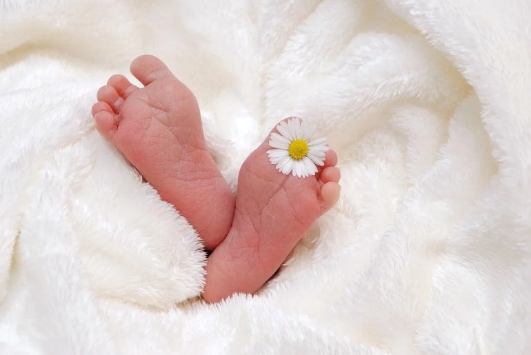 This shows a baby's feet with a daisy