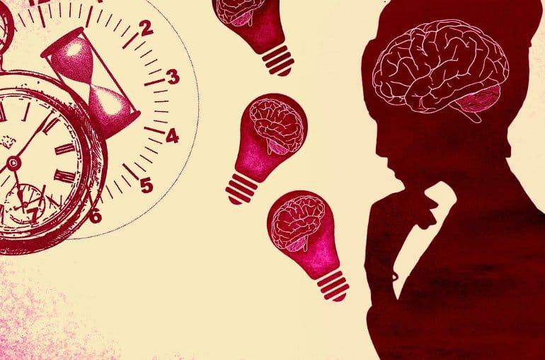 This shows the outline of a woman next to a lightbulb with a brain and an hourglass